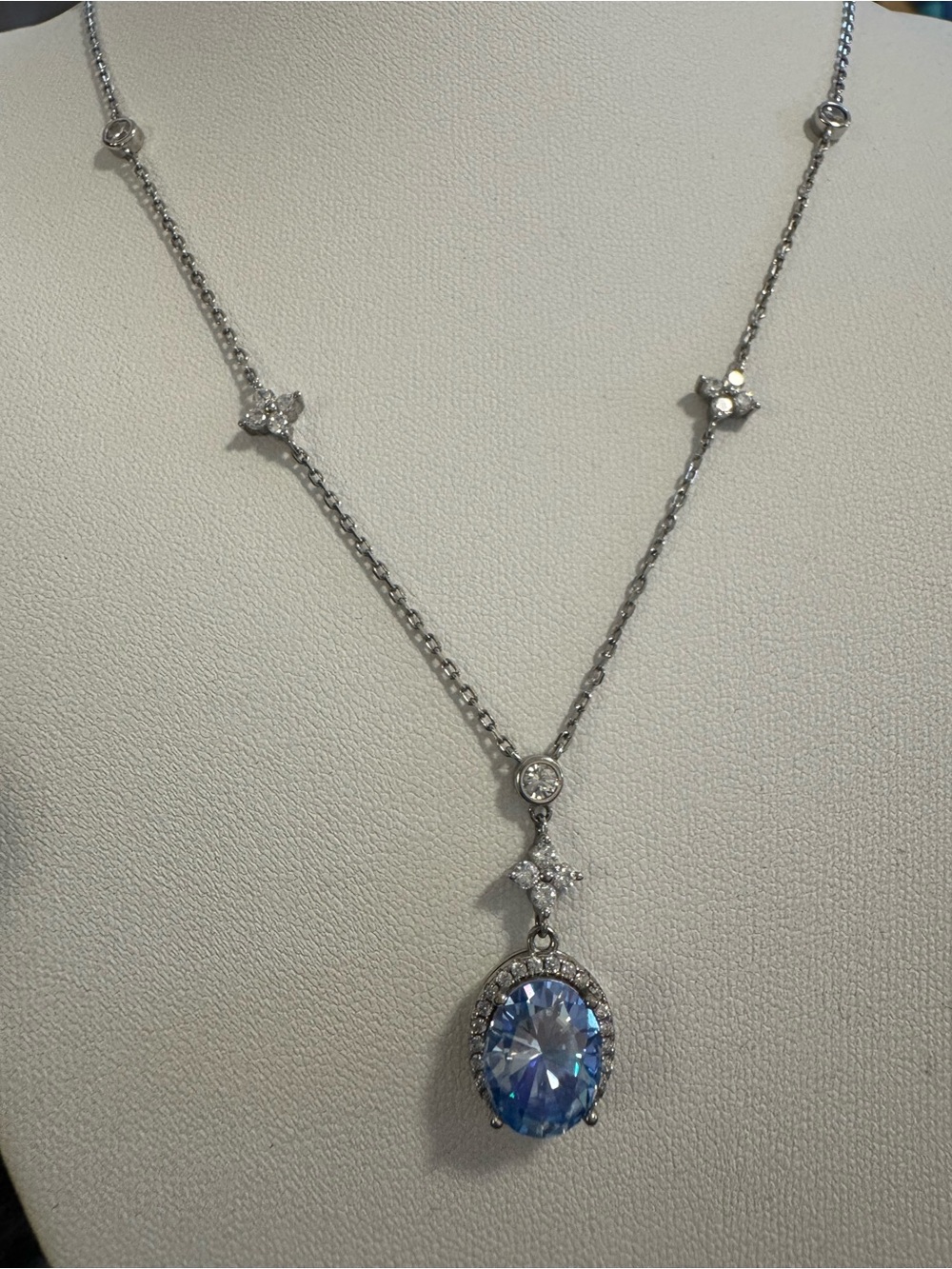 S925 blue moissanite pendant 3ct oval long necklace 24” halo
